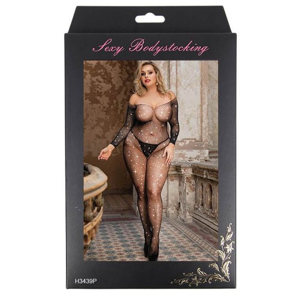 Black Fishnet Diamonds Long Sleeve Bodystocking - Picture 10 of 11